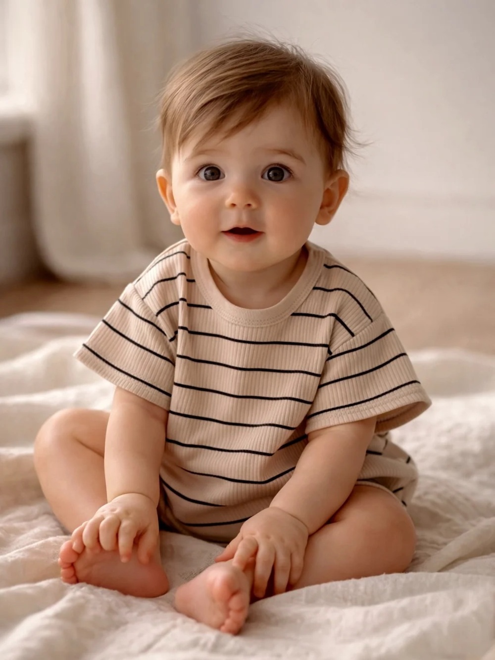 Spearmint Love SIIX Tan Black Striped Ribbed Baby Romper 12-18